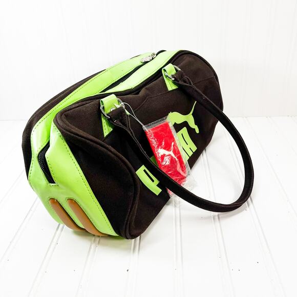 PUMA Weekend Bag Dark Brown & Green Puma Purse With Tags Barrel Bag NWT - Picture 2 of 10